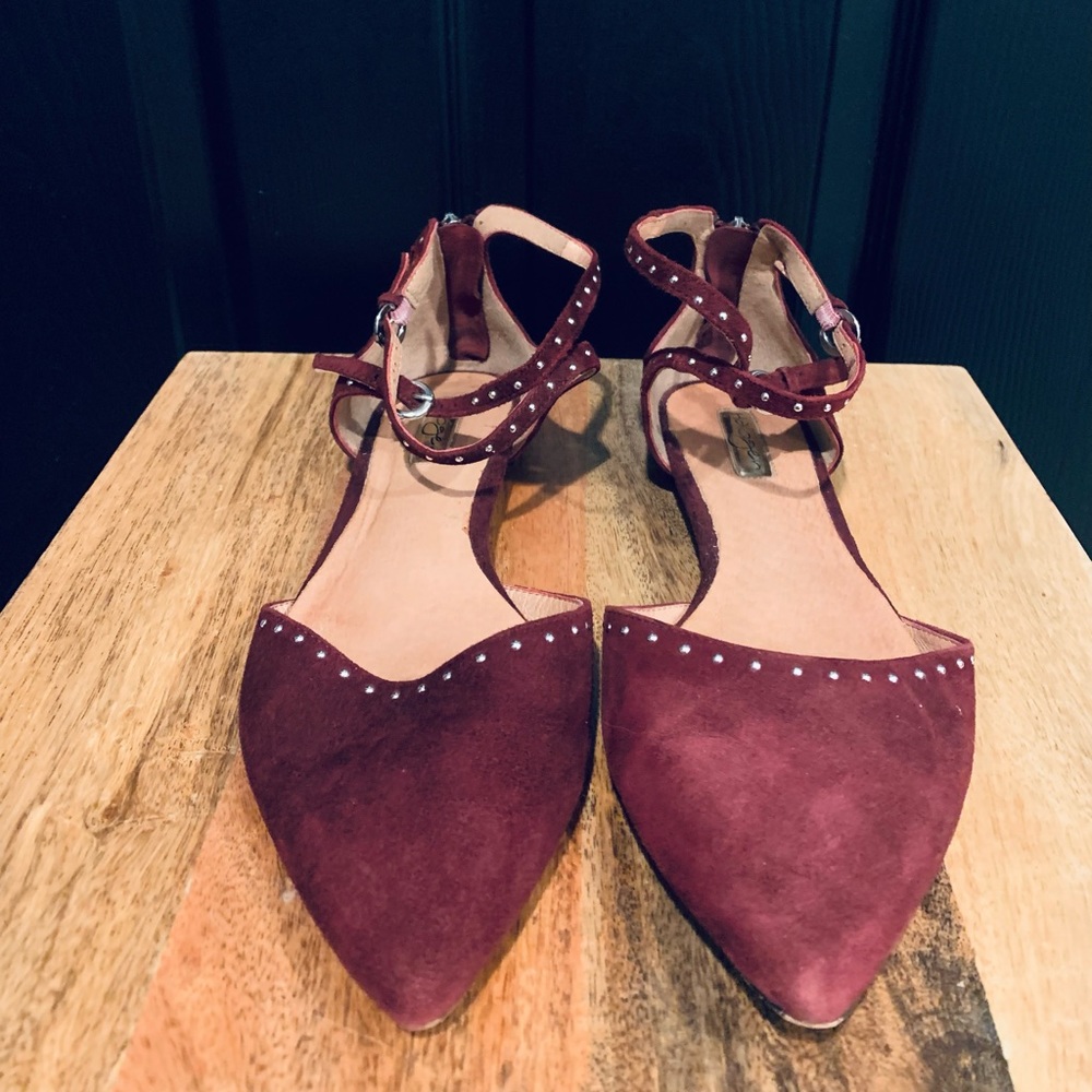 Women's Burgundy Suede Ankle Strap Flats